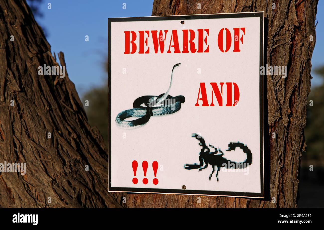 Warning sign against snakes and scorpions, Namibia, warning, beware of snakes and scorpions