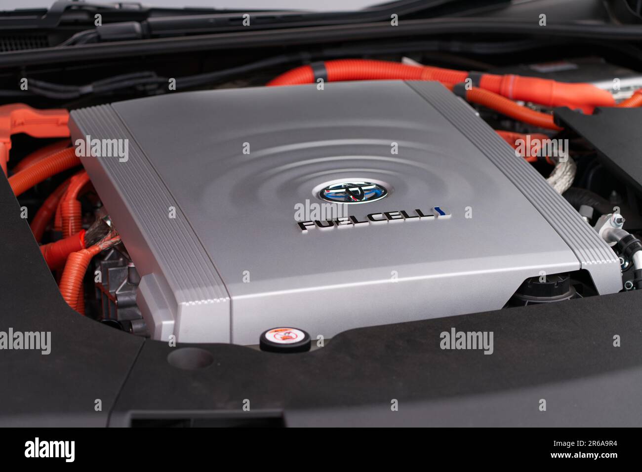 Toyota fuel cell car showing close up of fuel cell modular system for