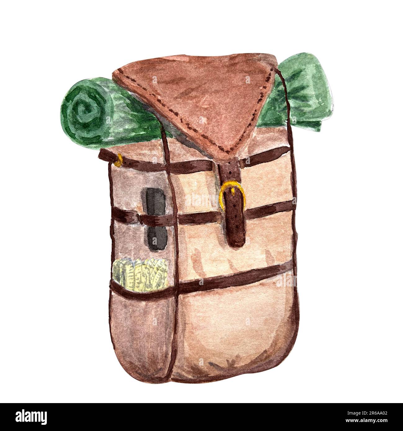 Watercolor hand painted brown retro hiking backpack illustration