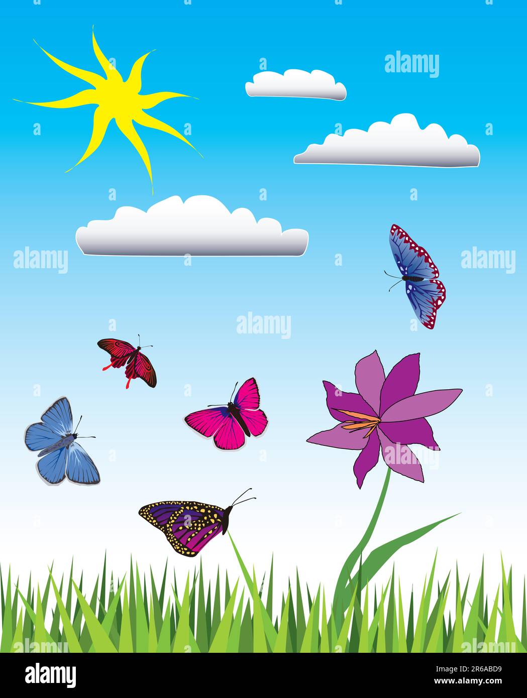 Vector illustration of many flying butterflies in green meadow Stock