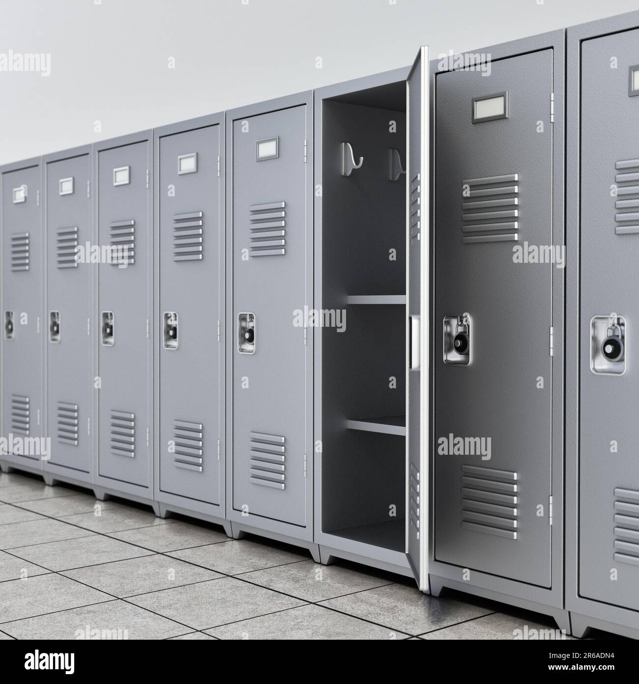 Metal locker storage cabinets for school, fitness club or gym in a row. 3D illustration. Stock Photo