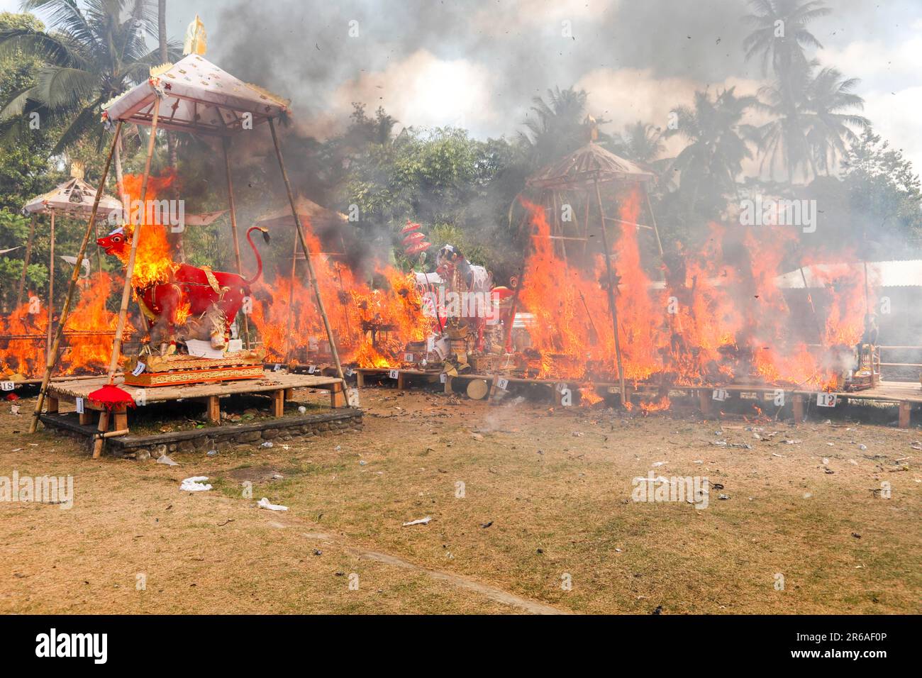 The sarcophagi containing the bones or bodies of the deceased are burnt during the cremation ceremony (Ngaben), Ubud, Bali, Indonesia Stock Photo