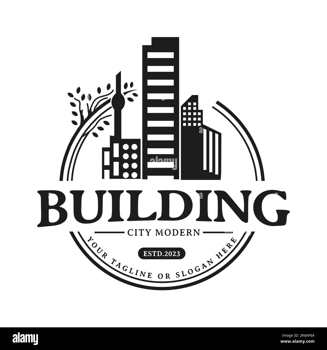High rise building design inspiration in stamp form, round vintage retro design vector Stock