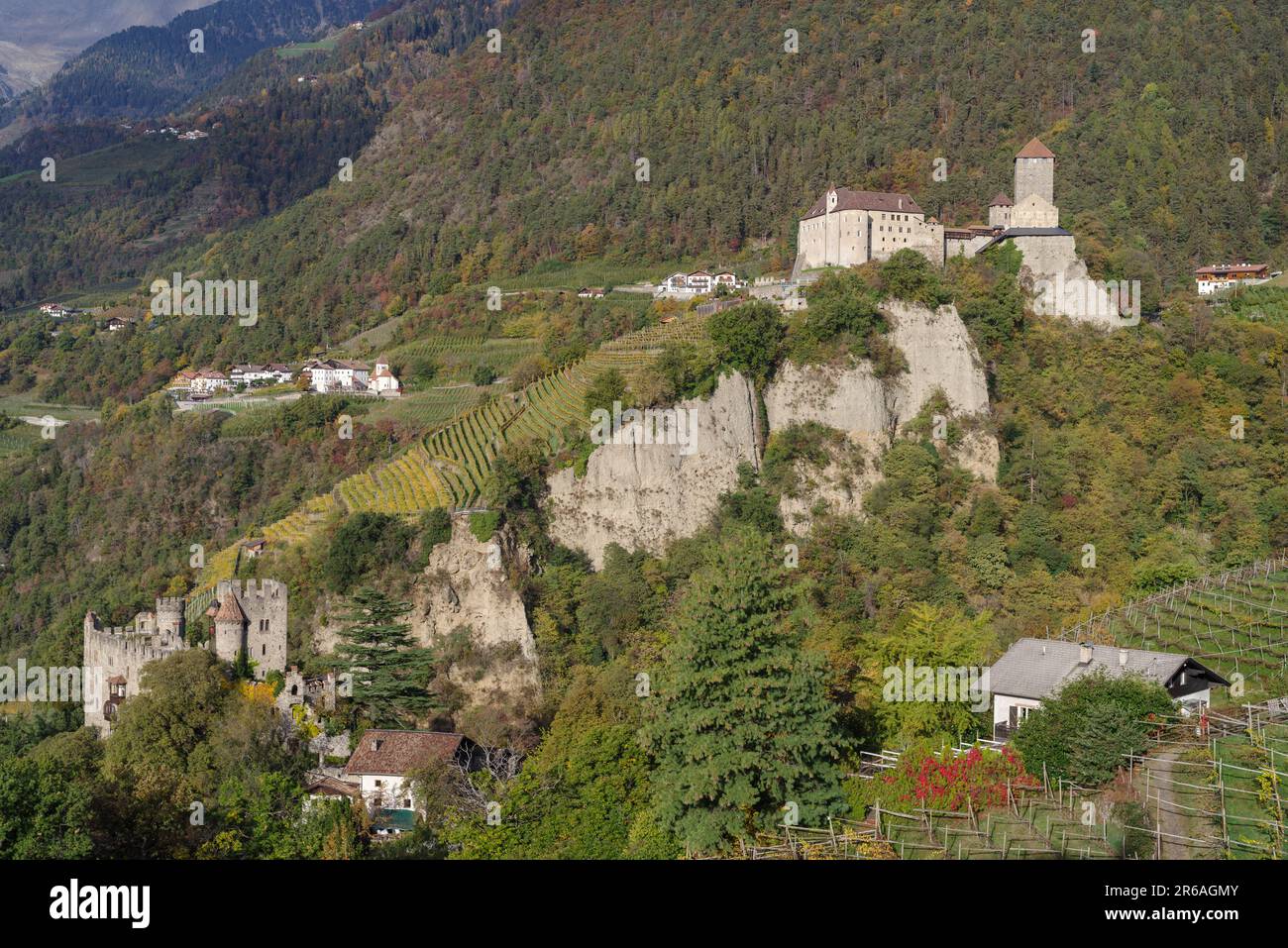 View of Tyrol Castle and Castel Fontana (Brunnenburg castle), Trentino-Alto Adige, Italy Stock Photo