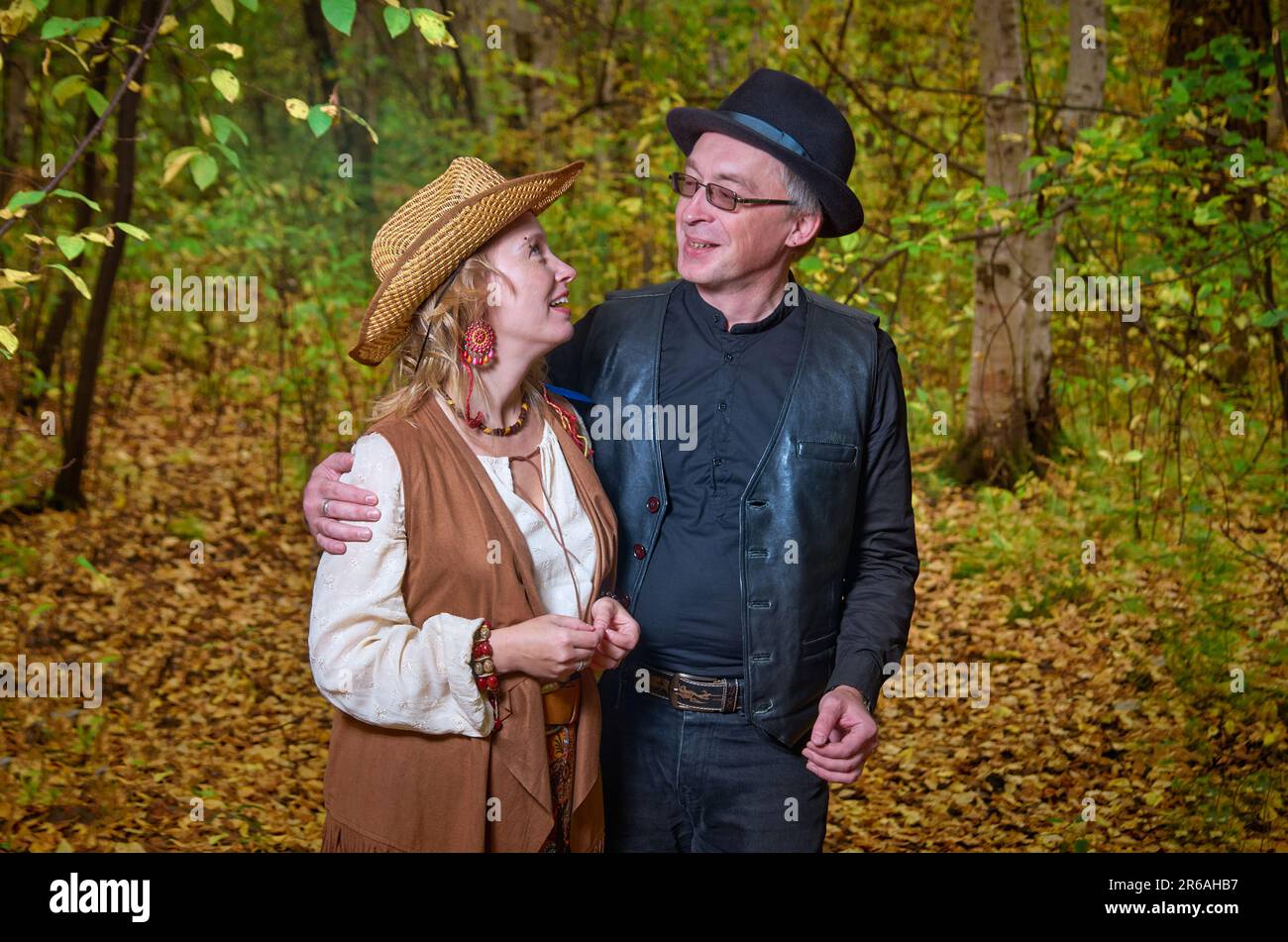 Couple in the autumn park. Half-length portrait Stock Photo