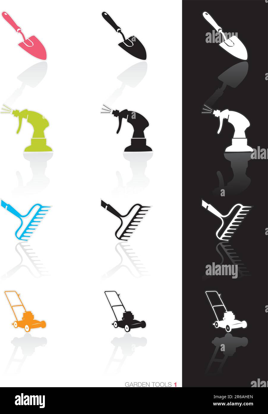 Colorful set of icons of garden tools in 3 styles; Easy edit vector art ...