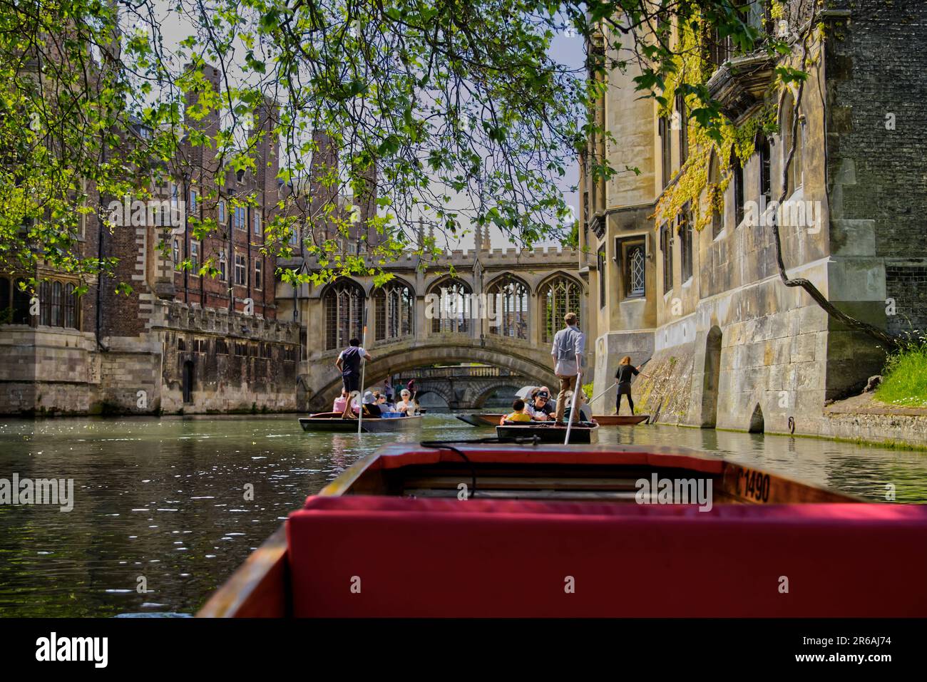 Punting near the Bridge of Sighs on the River Cam in Cambridge, England, United Kingdom Stock Photo