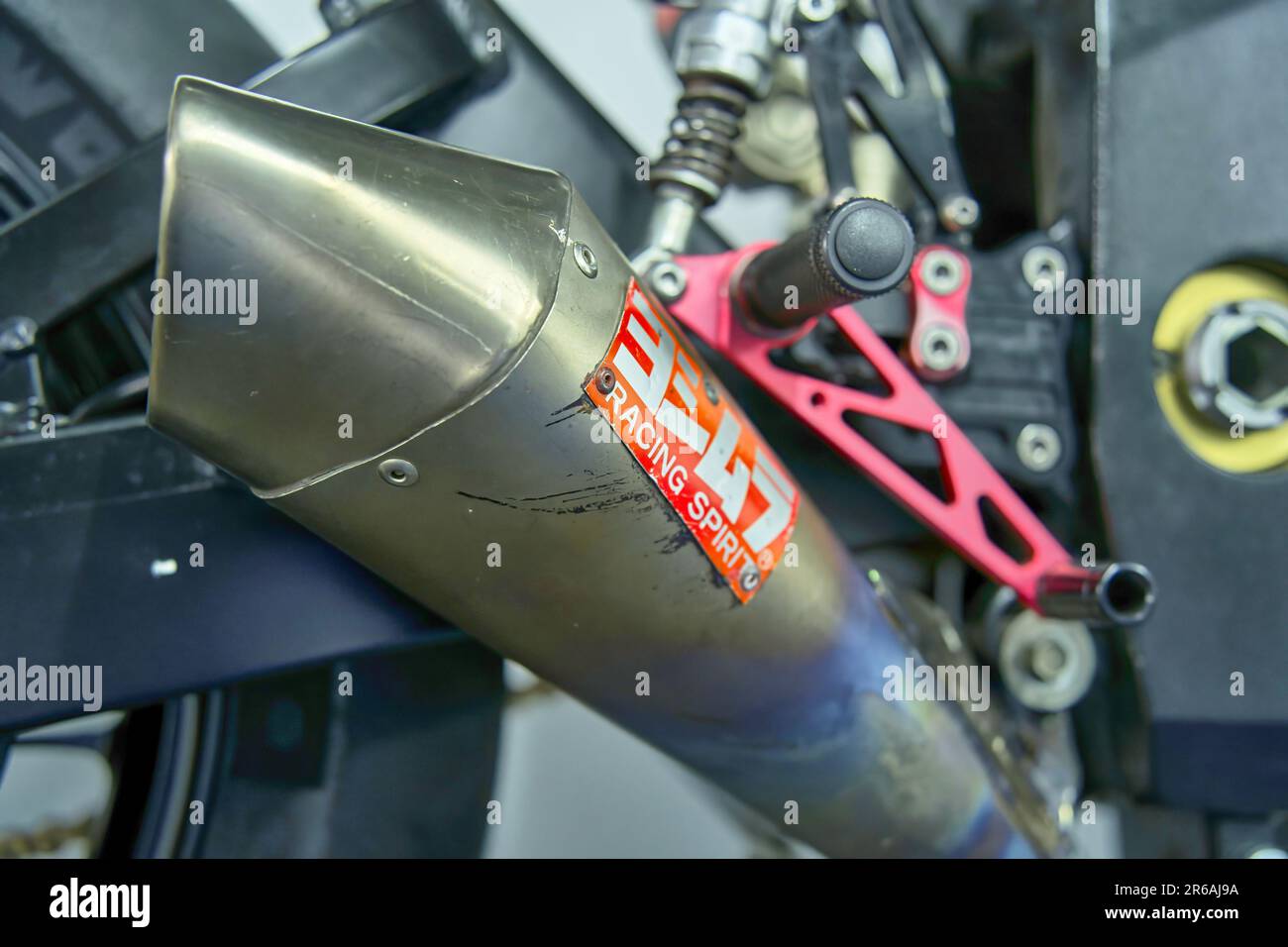 Gifhorn, Germany, March 31, 2023: Yoshimura Suzuki GSX-R 1000, detailed view of the exhaust pipe with kanji characters, Gifhorn Bell Palace Stock Photo