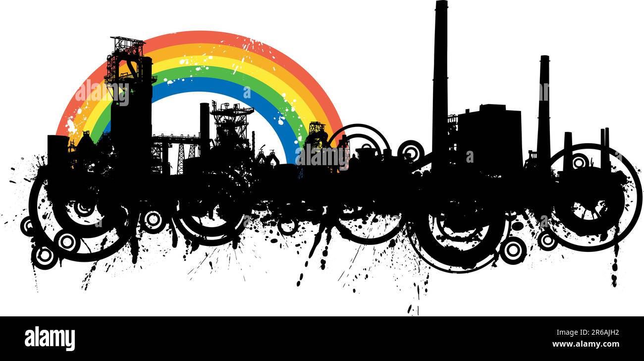 Detailed vector illustration of an industrial skyline with rainbow and grunge Stock Vector