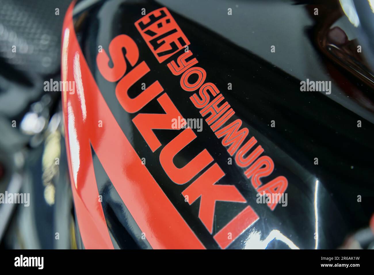Gifhorn, Germany, March 31, 2023: Yoshimura Suzuki GSX-R 1000, detailed view of the motorcycle's tank with lettering and kanji characters, Gifhorn Bel Stock Photo