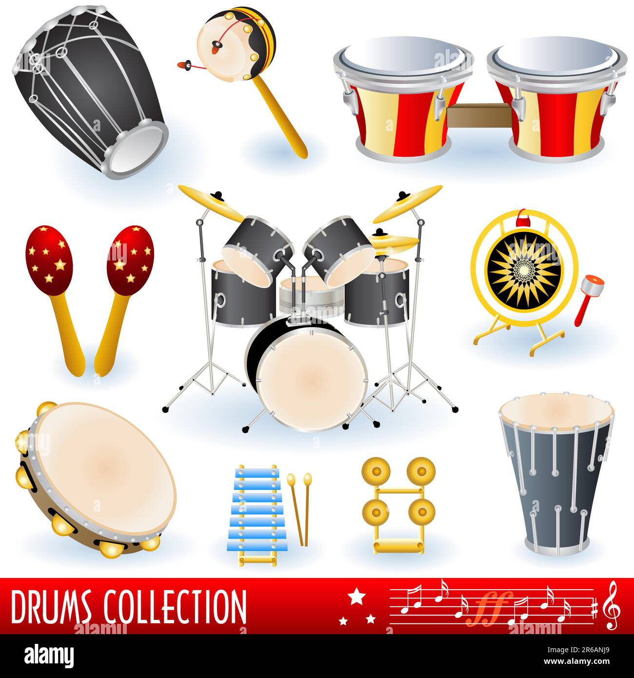 A  collection of drums musical instruments over white background Stock Vector