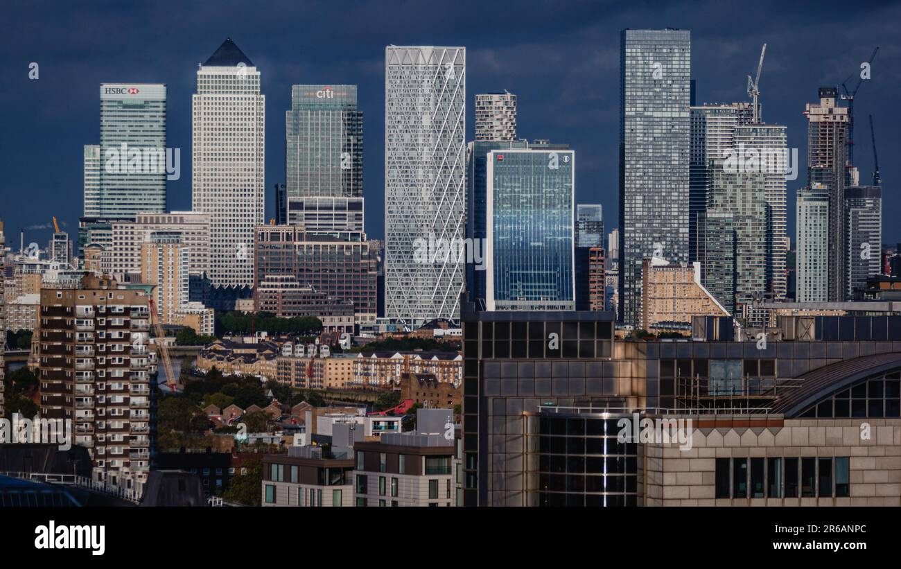 A view of the skyscrapers in the financial district of Canary Wharf in London. Stock Photo