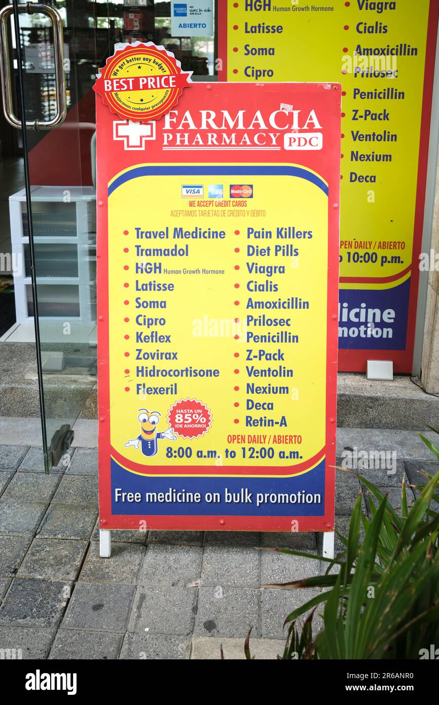 Prescription Drugs available at Pharmacy Shop Playa Del Carmen Yucatan Mexico Stock Photo