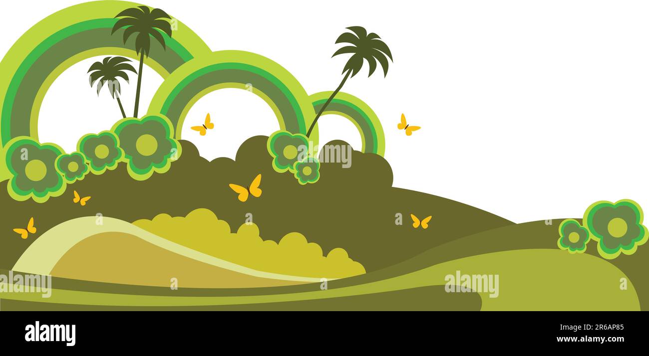 illustration of tropical island with butterflies and flowers Stock Vector