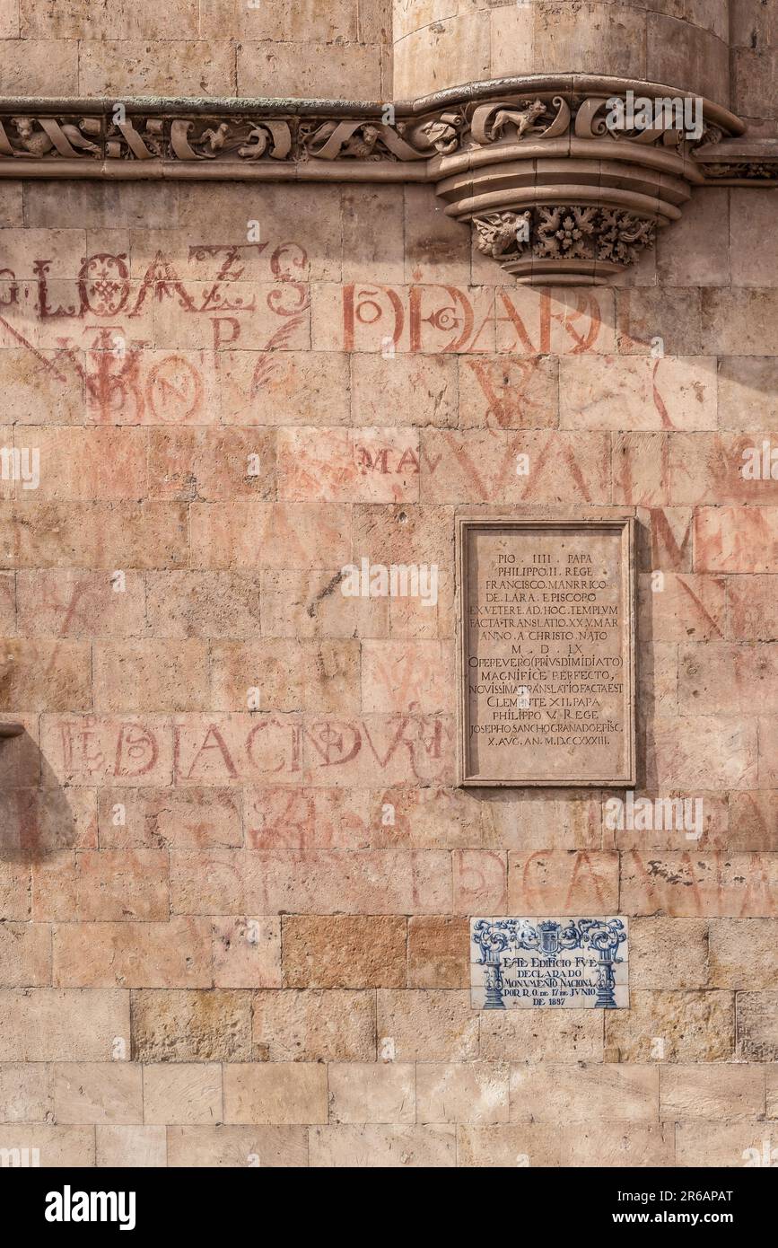 Salamanca Cathedral, detail of the north wall of Salamanca Cathedral showing historical inscriptions on its pink sandstone facade, Spain Stock Photo