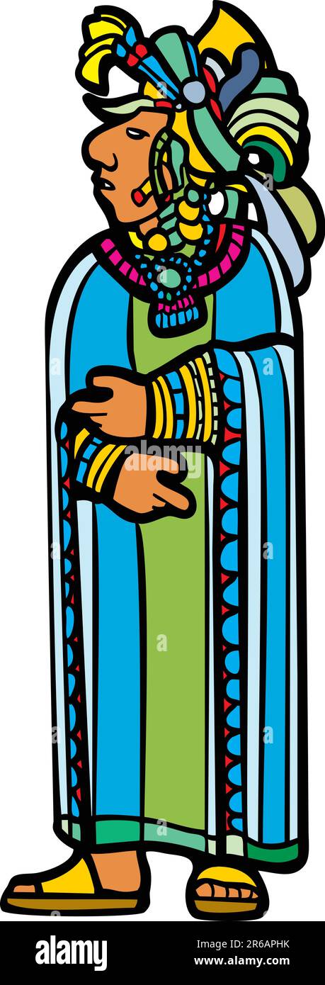 Mayan lord in blue and green robe with feathered headdress in image derived from traditional mayan temple imagery. Stock Vector