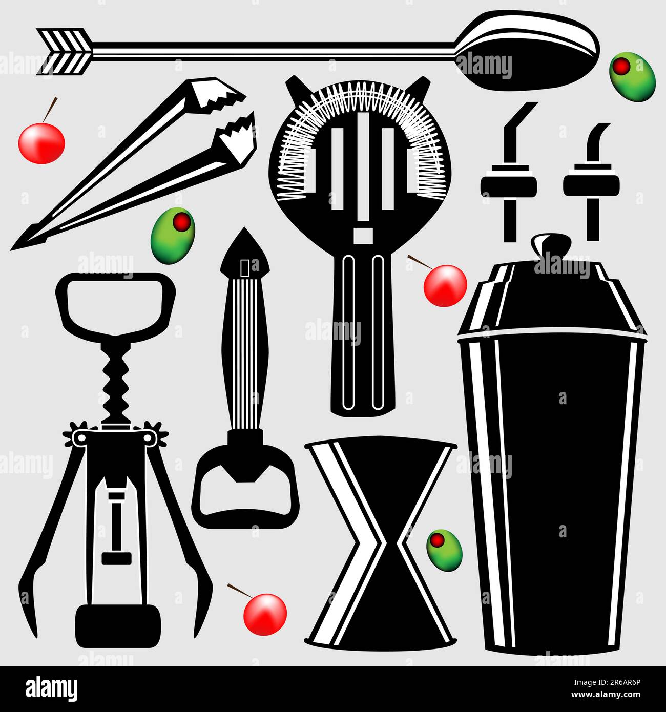 Bartending Tools In Vector Silhouette Corkscrew Shaker Strainer