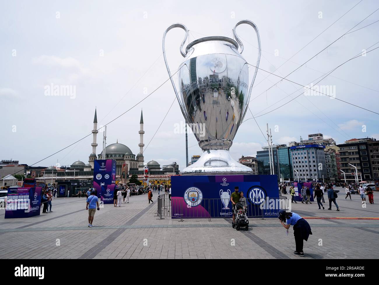 General view of a giant replica trophy in Istanbul ahead of Saturday's