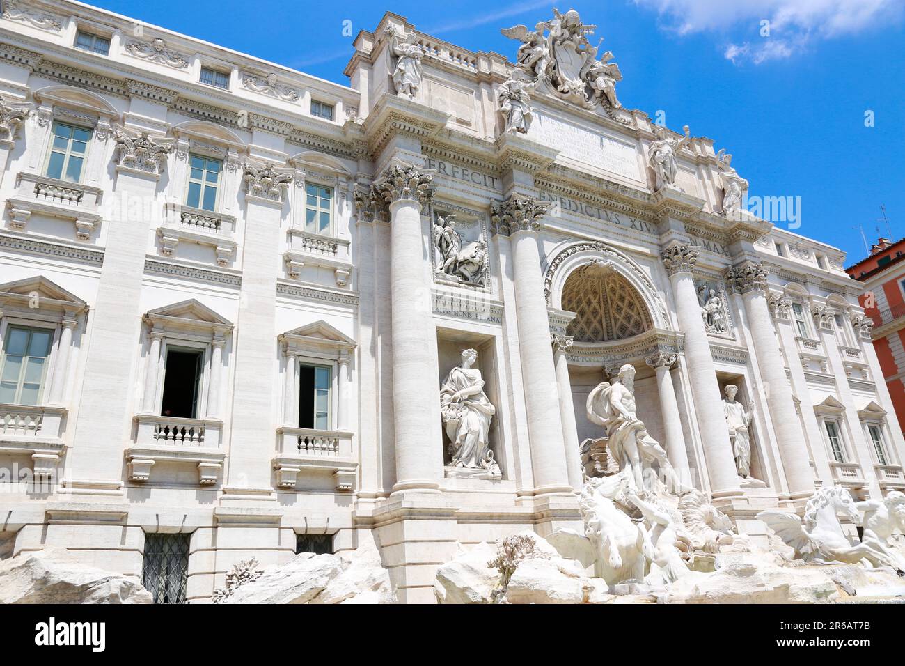 Trevi Fountain as viewed from the left side, in a sunny day in Rome, Italy Stock Photo