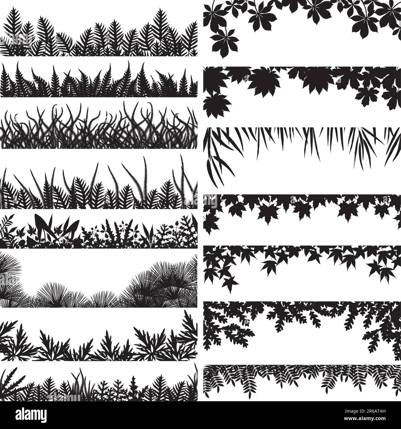 Selection of vector borders and foregrounds of various plants and trees