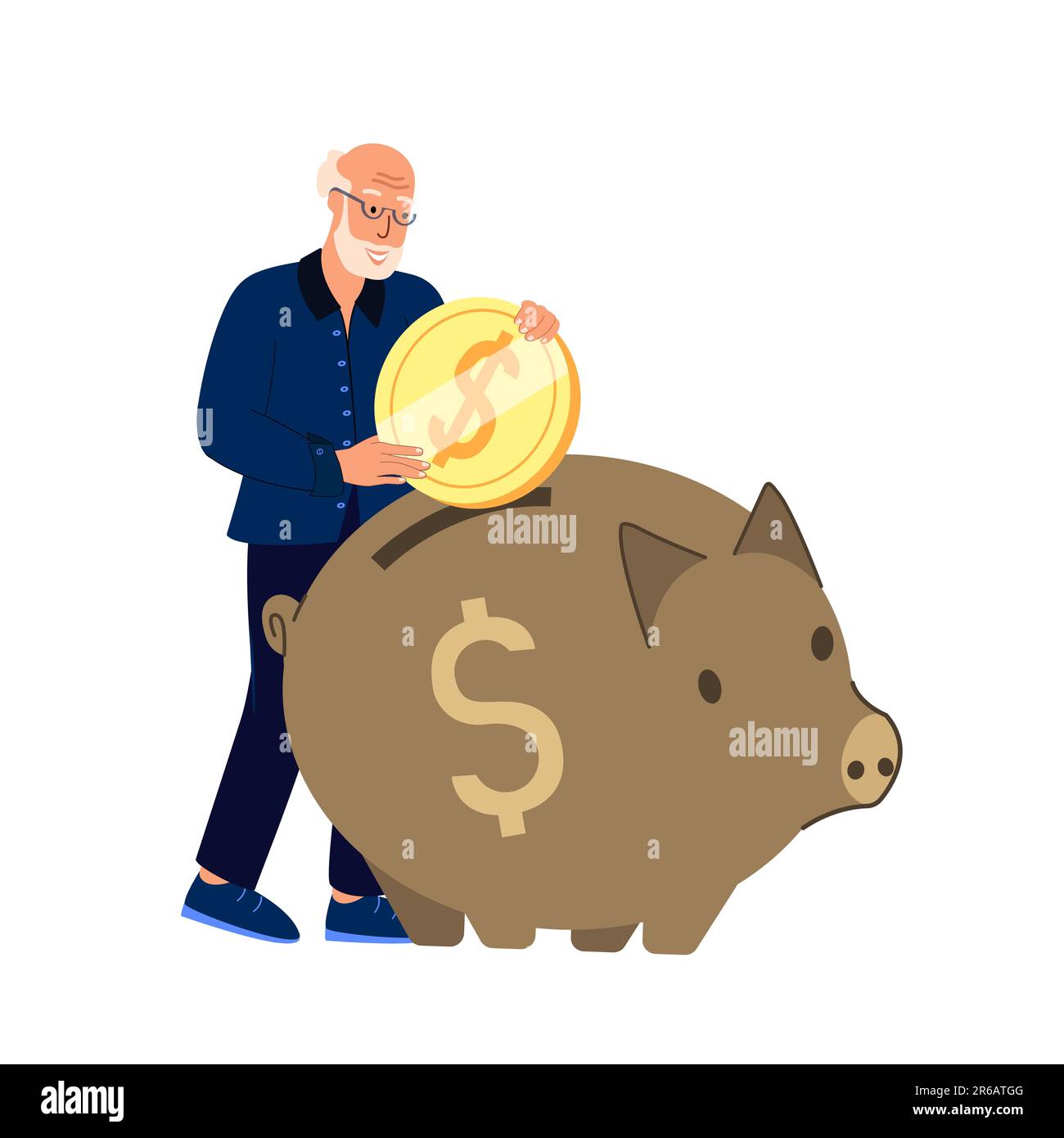 Pension Fund Savings,Happy Confident Elderly Man Character Put Coin to Piggy Bank Rejoice to Get Superannuation.Senior Grandparent Retirement,Money Fu Stock Photo