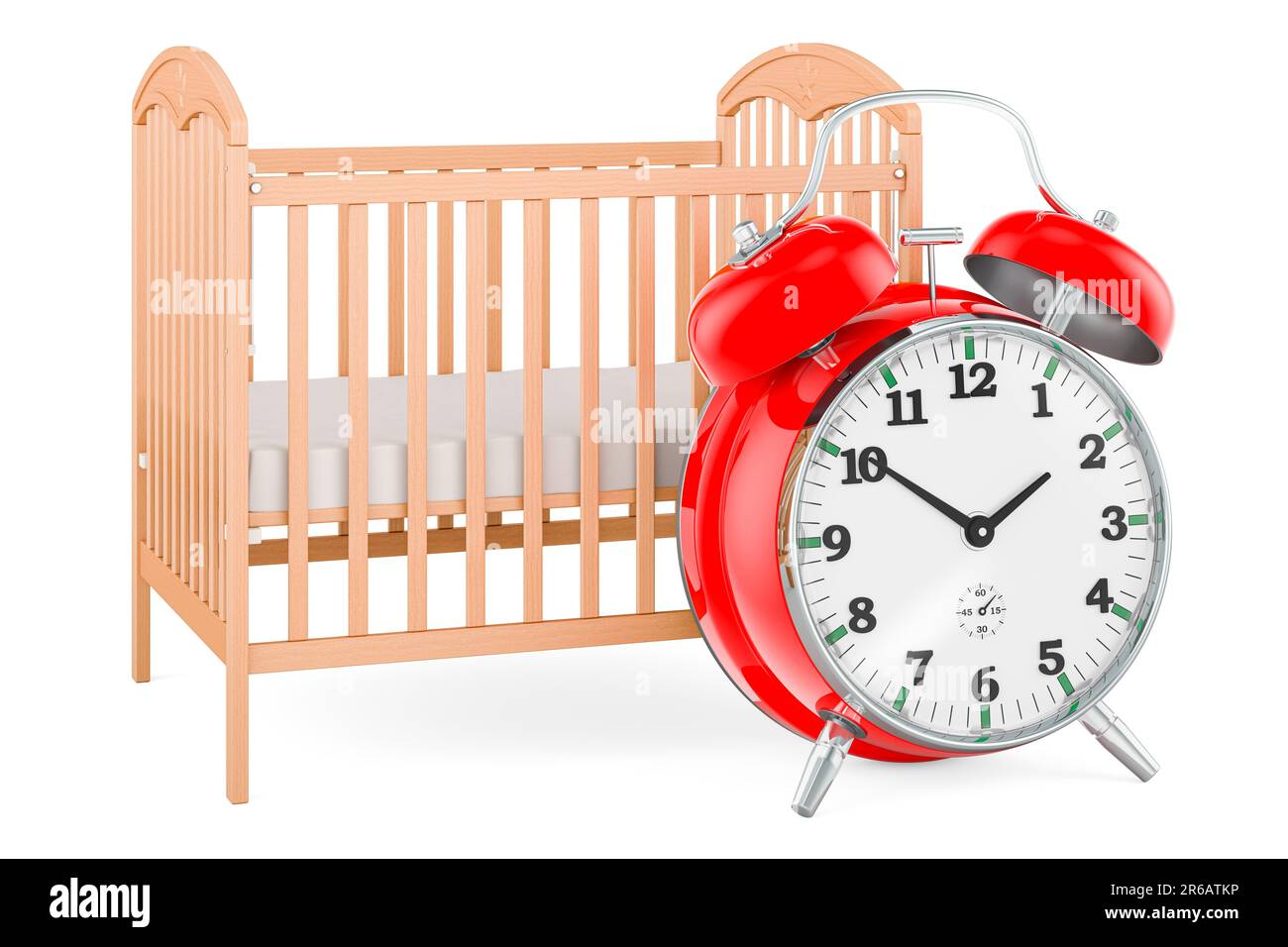 Baby crib, infant bed with alarm clock, 3D rendering isolated on white ...