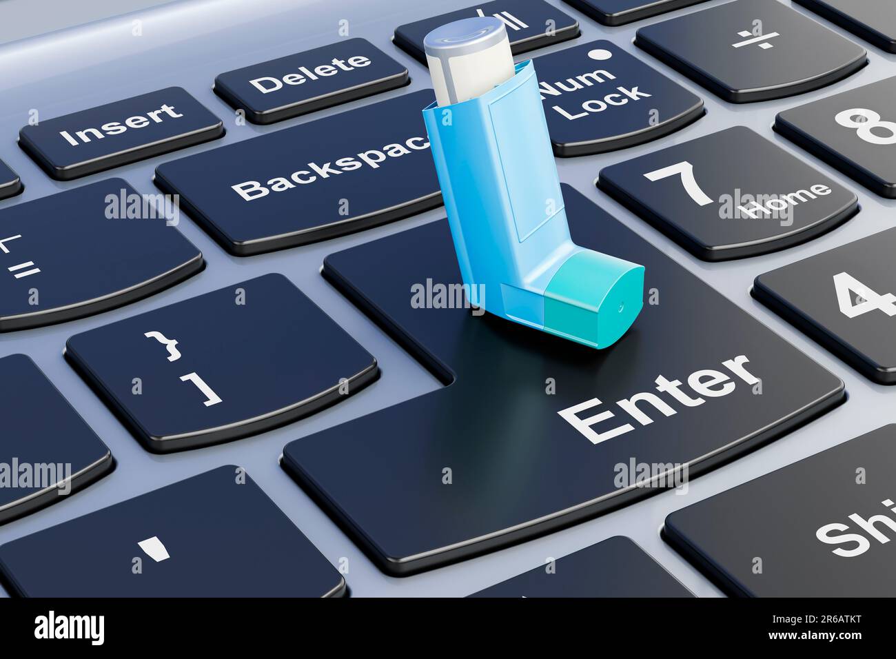Metered-dose inhaler, MDI on laptop keyboard. 3D rendering Stock Photo