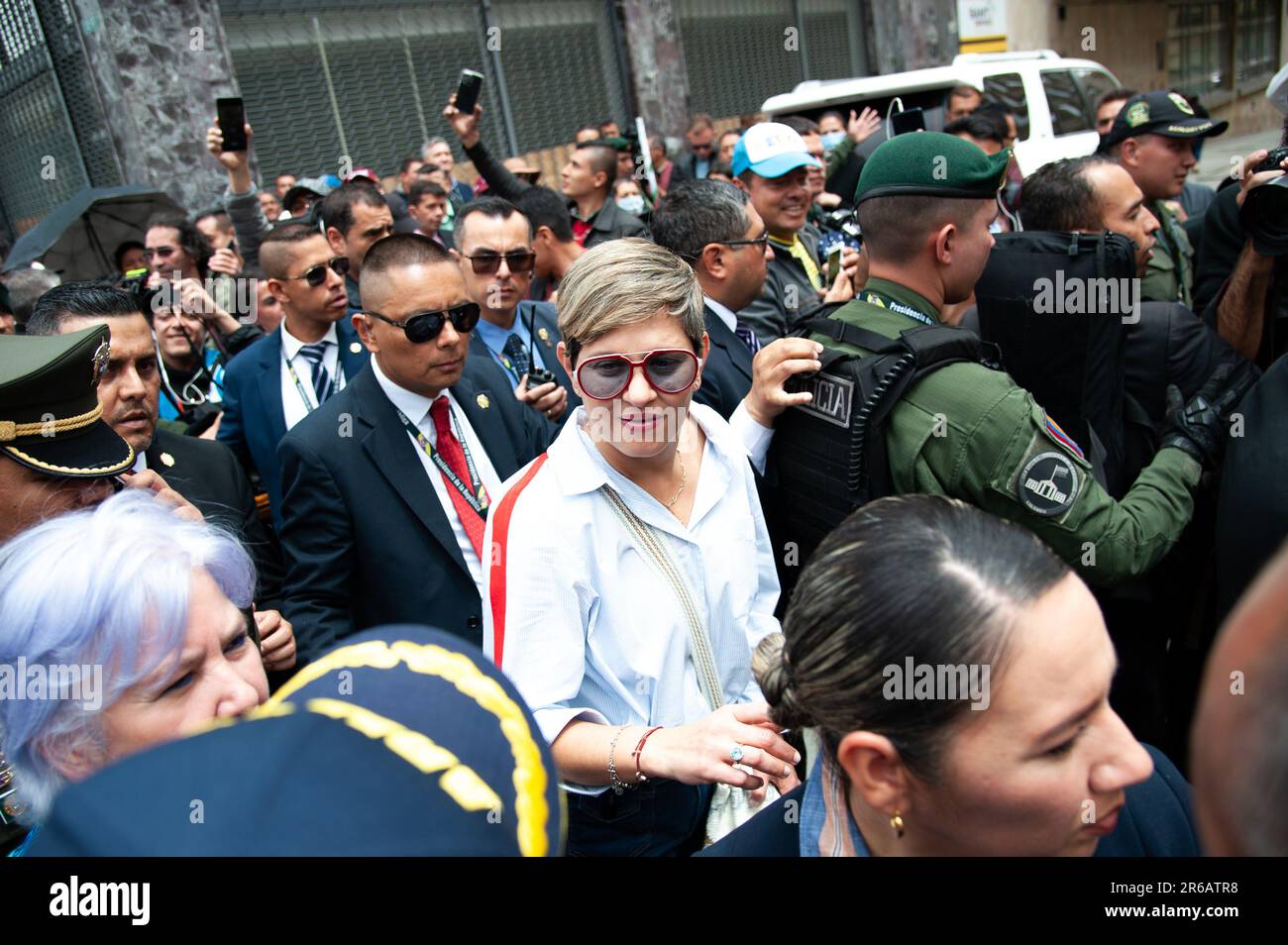 Colombia's first lady Veronica Alcocer walks with demonstrators during the demonstrations in support of the Colombian government social reforms, in Bo Stock Photo
