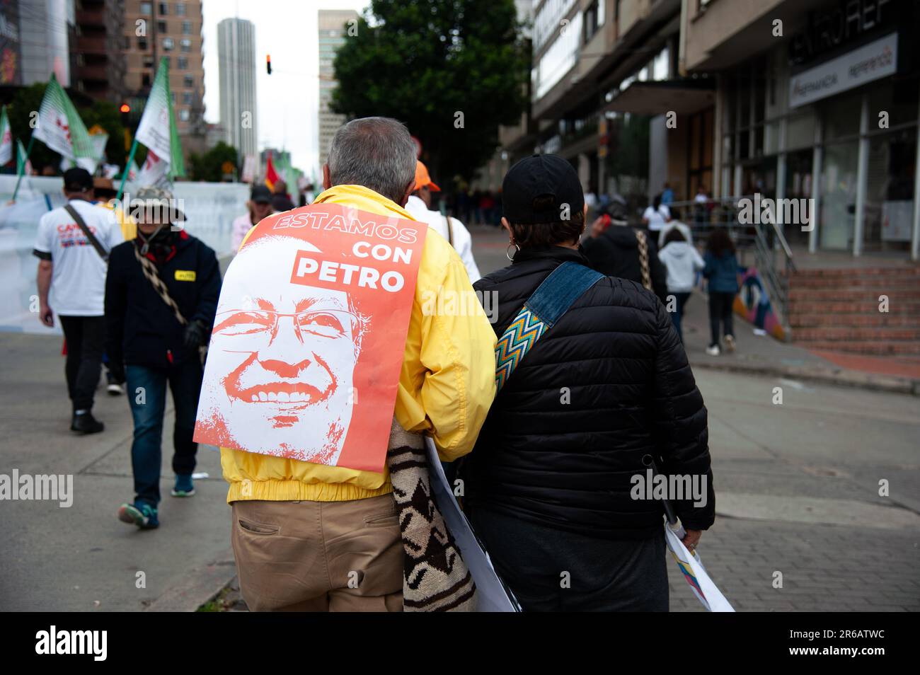 Supporters hold signs in support of Colombian president Gustavo Petro during the demonstrations in support of the Colombian government social reforms, Stock Photo
