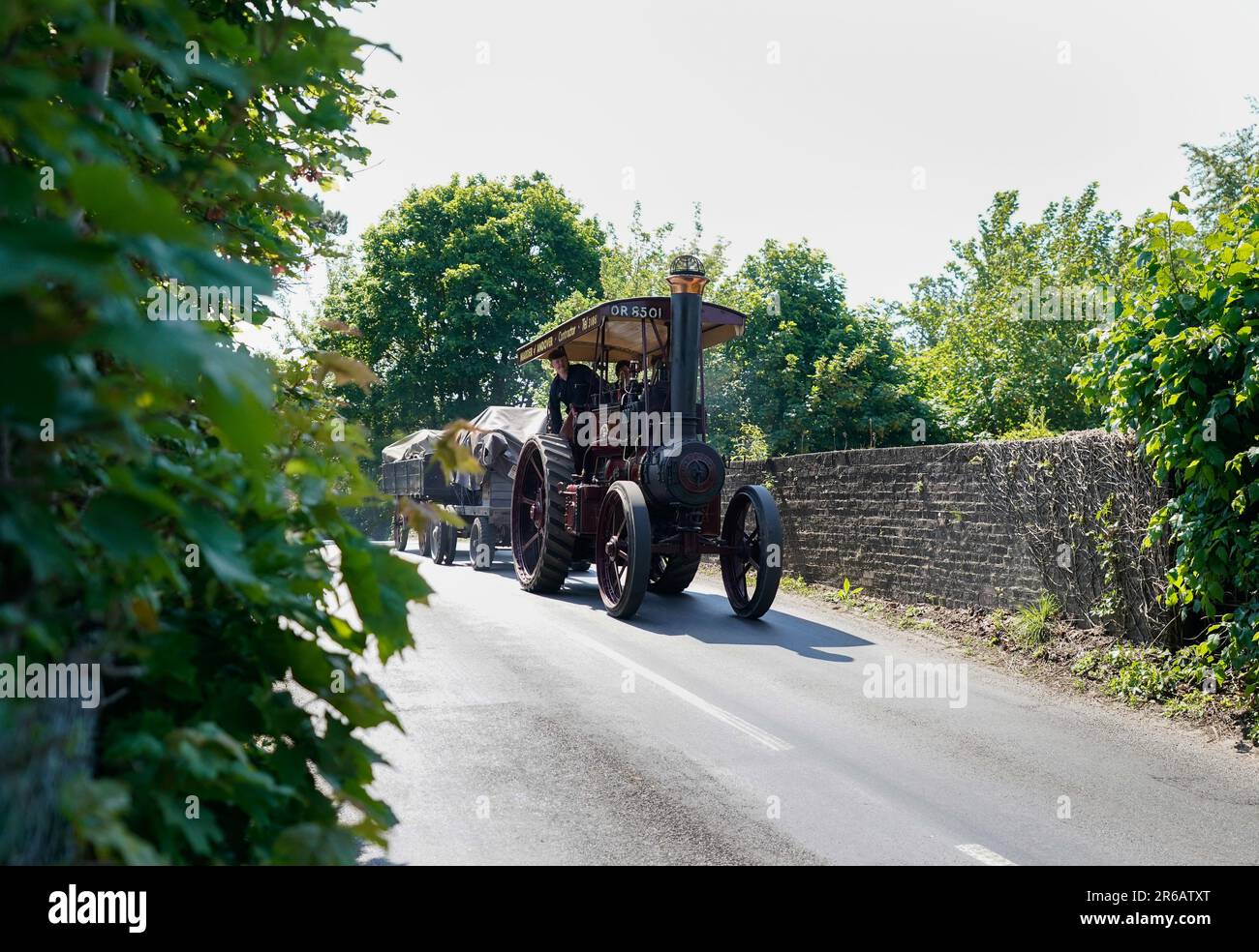 The Ruston Proctor Tractor 52453, 'The Lincoln Imp', is driven towards Liphook in Hampshire as it travels to the Mid Hants Railway, also known as the Watercress Line, to take part in their Vintage Vehicles weekend which runs from 9-11 June. Picture date: Thursday June 8, 2023. Stock Photo
