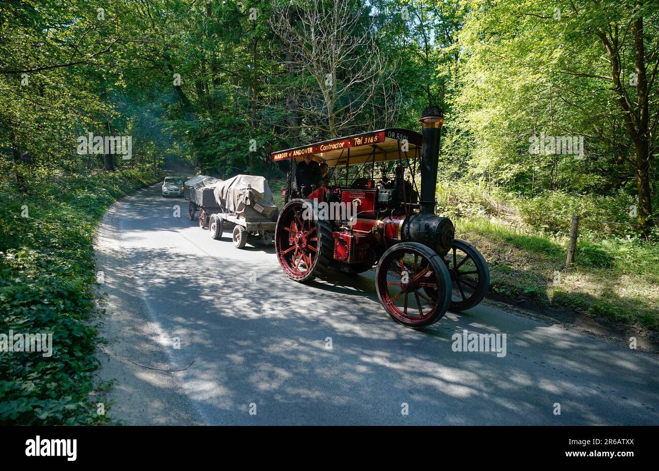 The Ruston Proctor Tractor 52453, 'The Lincoln Imp', is driven towards Liphook in Hampshire as it travels to the Mid Hants Railway, also known as the Watercress Line, to take part in their Vintage Vehicles weekend which runs from 9-11 June. Picture date: Thursday June 8, 2023. Stock Photo