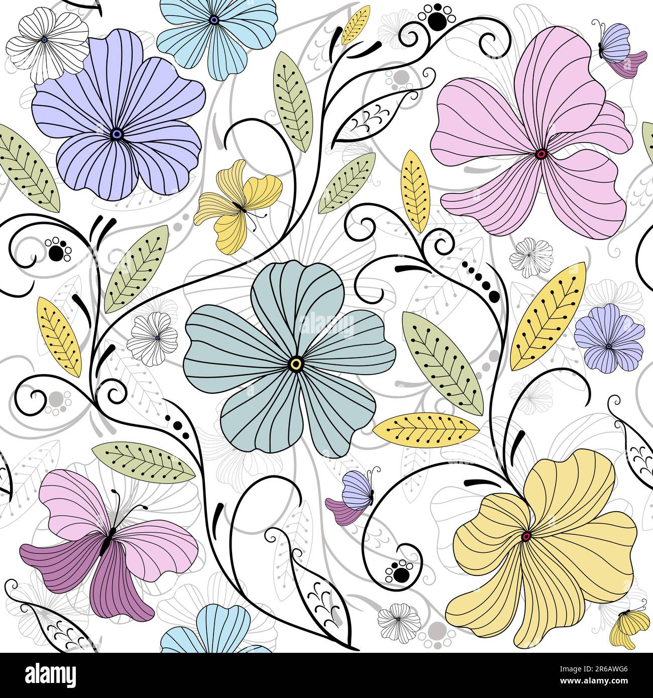 Pastel seamless floral pattern with flowers and butterflies (vector ...