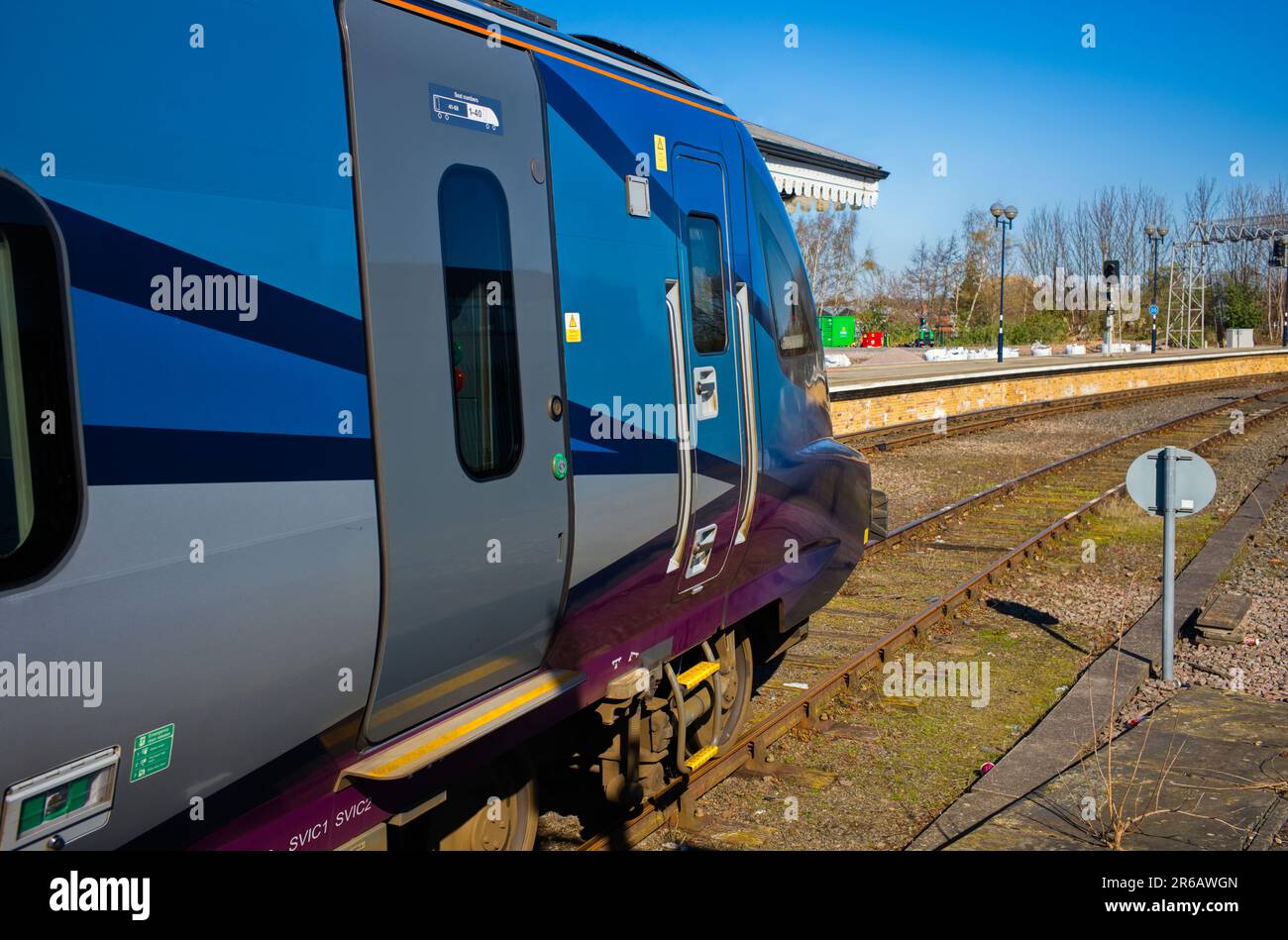 View of front of Trans Pennine Express train at York station Stock Photo