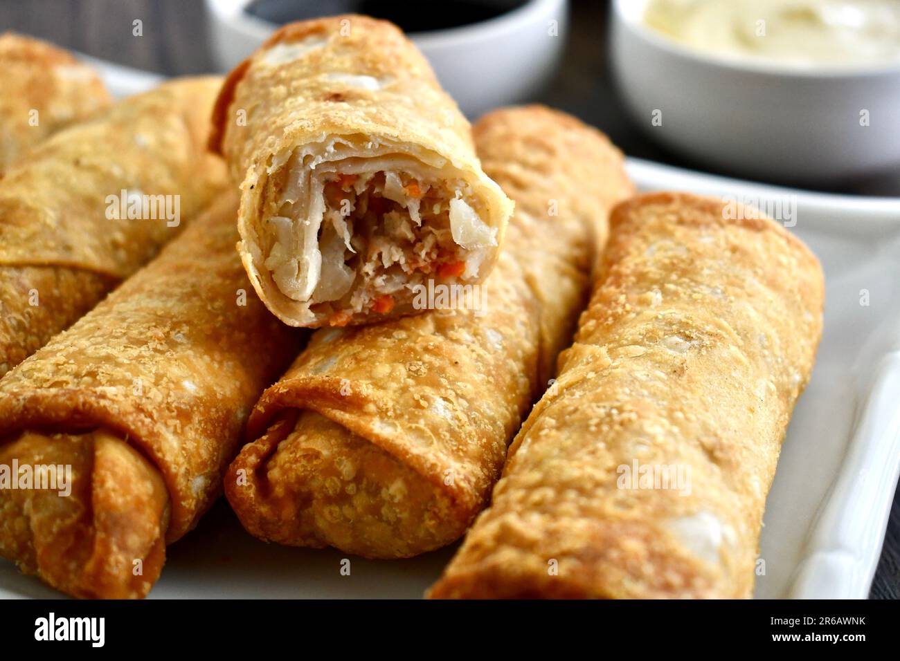 Egg rolls on a white plate Stock Photo