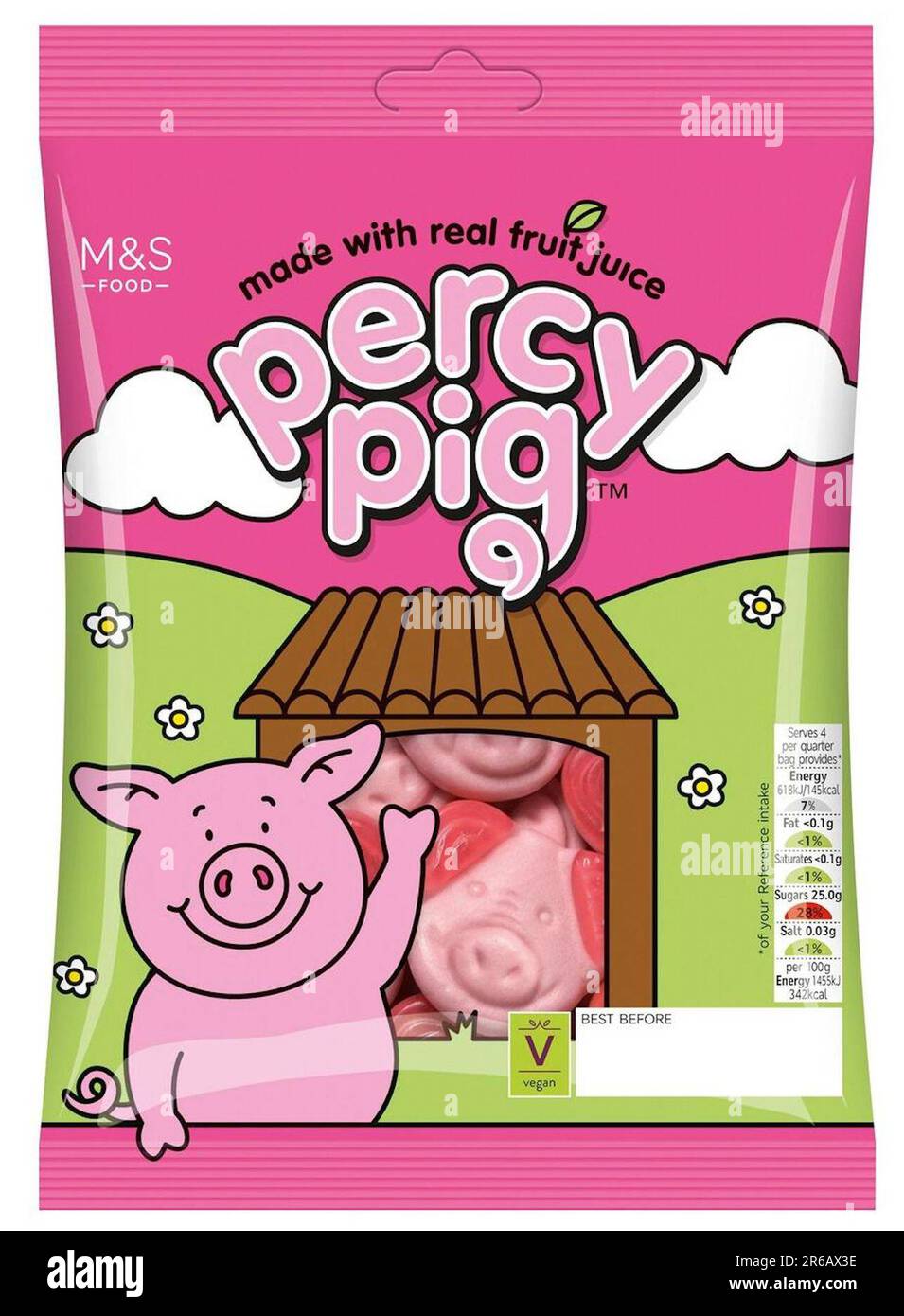 Undated handout photo issued by Marks & Spencer of a packet of Percy Pig sweets. Marks & Spencer has agreed a settlement with British sweet-maker Swizzels after accusing it of copying its much-loved Percy Pigs. M&S said it had reached an 'amicable resolution' with Swizzels, who had agreed to change the design of its Pigs Mugs treats. Issue date: Thursday June 8, 2023. Stock Photo