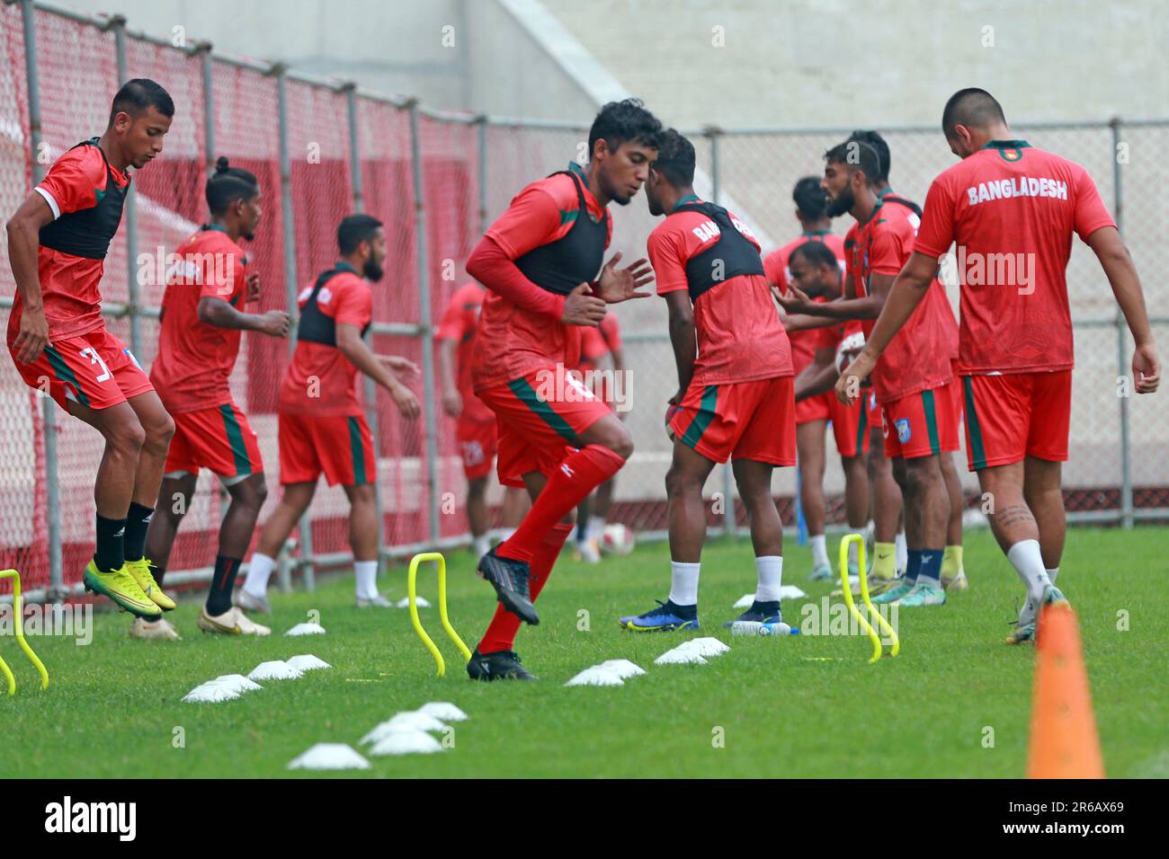 Bangladesh National Football Team players attend practice session at Bashundhara Kings Sports Arena in Bashundhara Sports Complex ahead of SAFF Champi Stock Photo