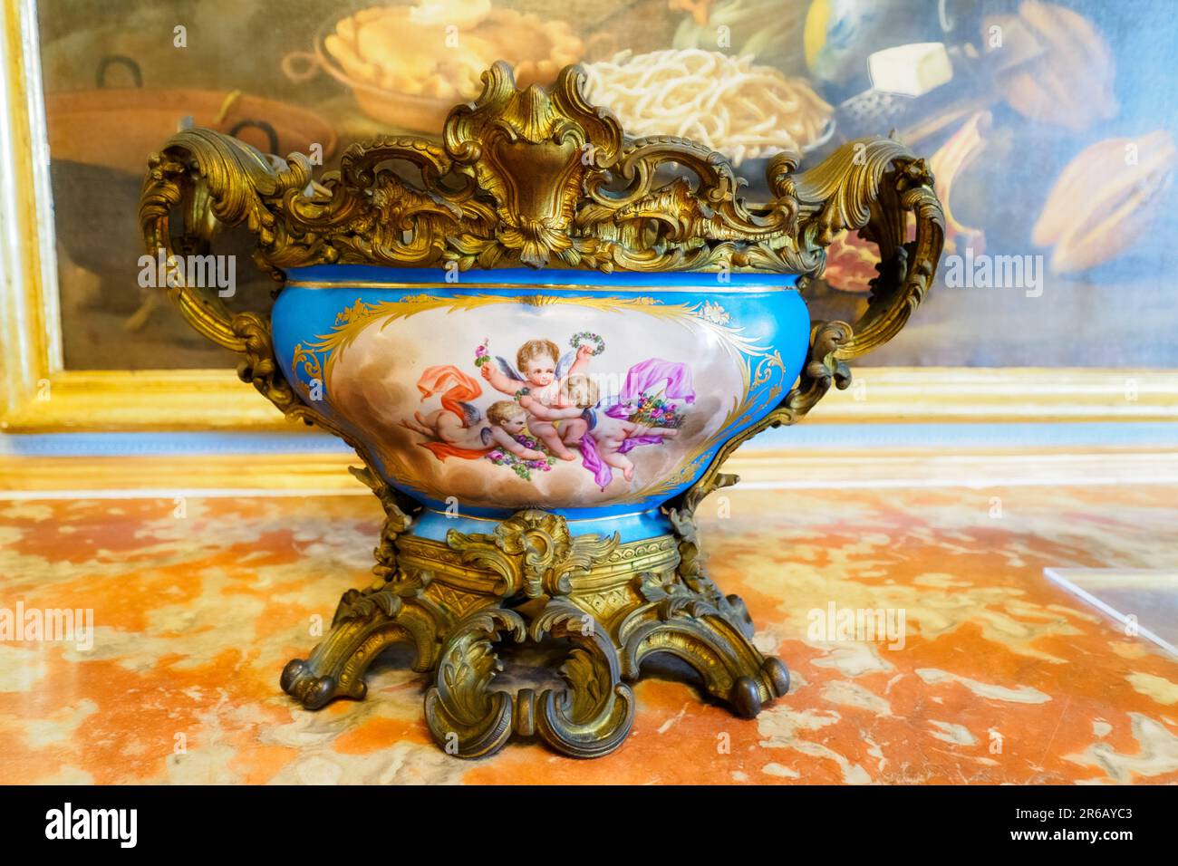 Porcelain Sevres Vase with a neo-rococo flavour in the Hall of Still lifes - Royal Palace of Naples that In 1734 became the royal residence of the Bourbons - Naples, Italy Stock Photo