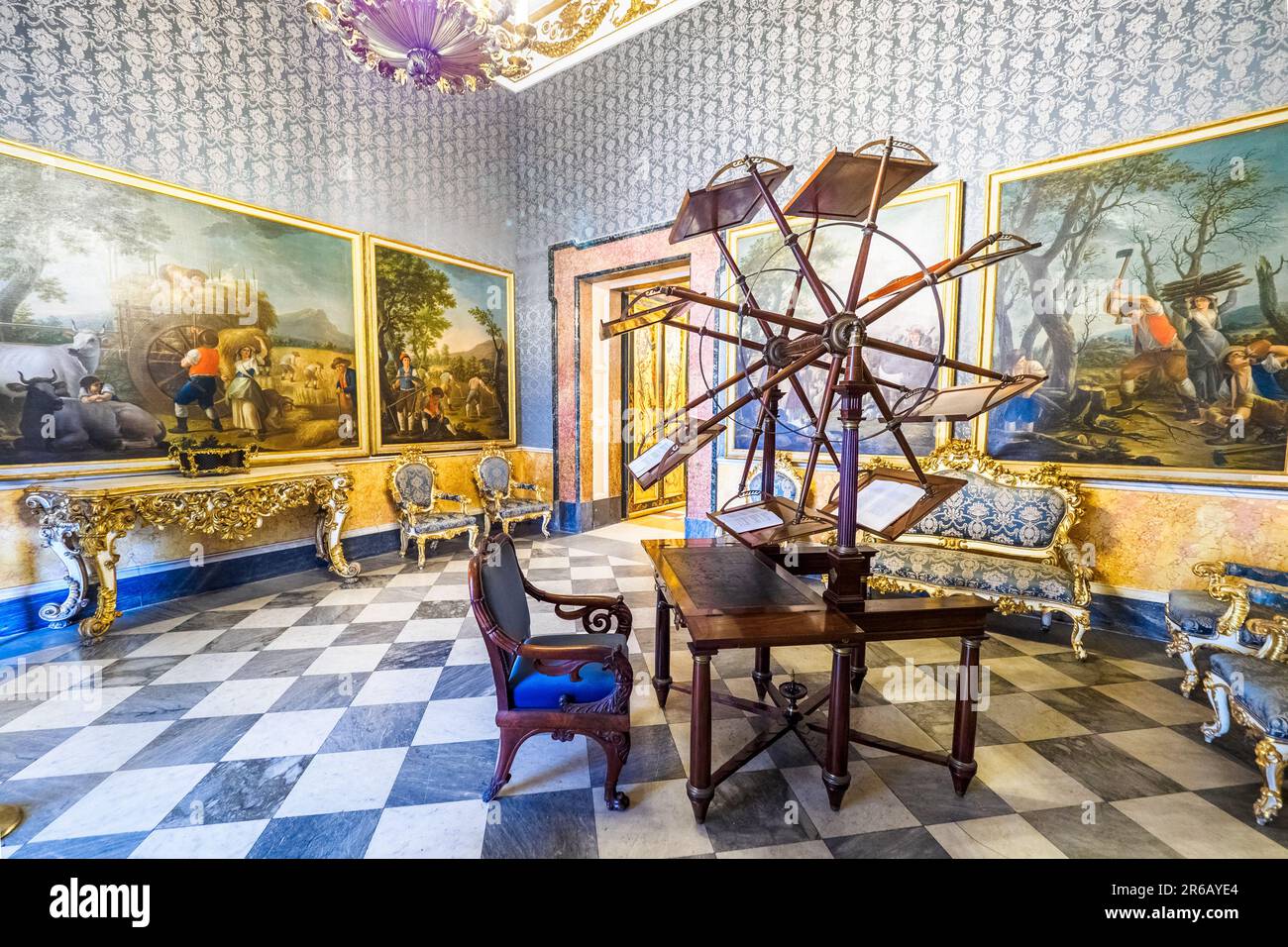 Neo-baroque backroom with a rotating reading desk - Royal Palace of Naples that In 1734 became the royal residence of the Bourbons - Naples, Italy Stock Photo