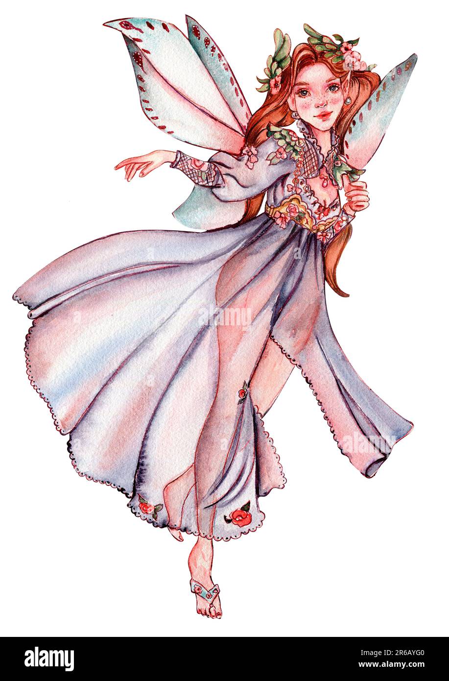 Forest fairy girl with magic wings. Watercolor hand drawn fairy tale illustration. Perfect for greeting card, poster, wedding invitation, party decor Stock Photo