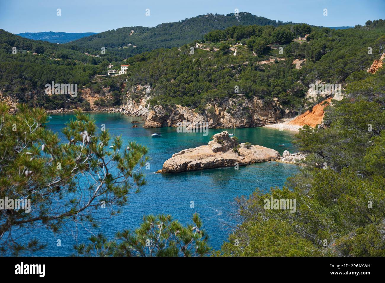 Galley rock or Submarine rock. View  from hiking path near Calanque de Port d'Alon (between Saint-Cyr-sur-Mer and Bandol), France. Spectacular seaside Stock Photo