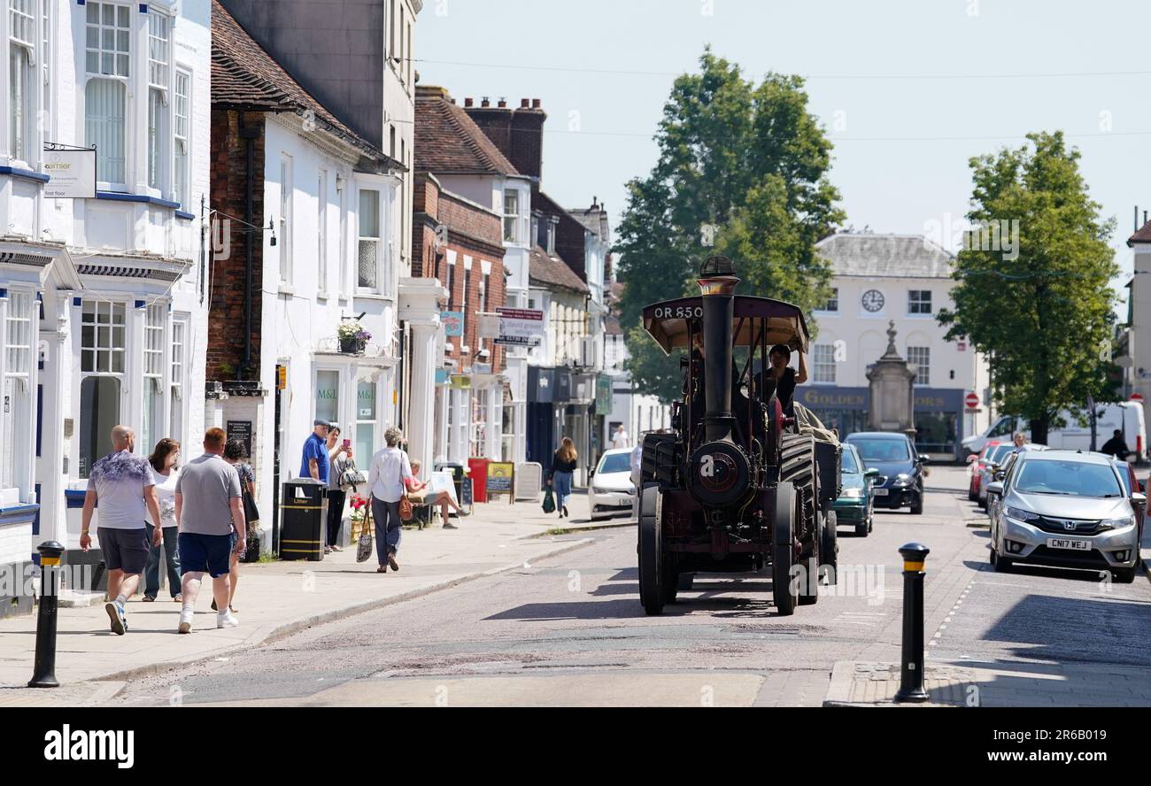 The Ruston Proctor Tractor 52453, 'The Lincoln Imp', is driven through Petersfield in Hampshire as it travels to the Mid Hants Railway, also known as the Watercress Line, to take part in their Vintage Vehicles weekend which runs from 9-11 June. Picture date: Thursday June 8, 2023. Stock Photo