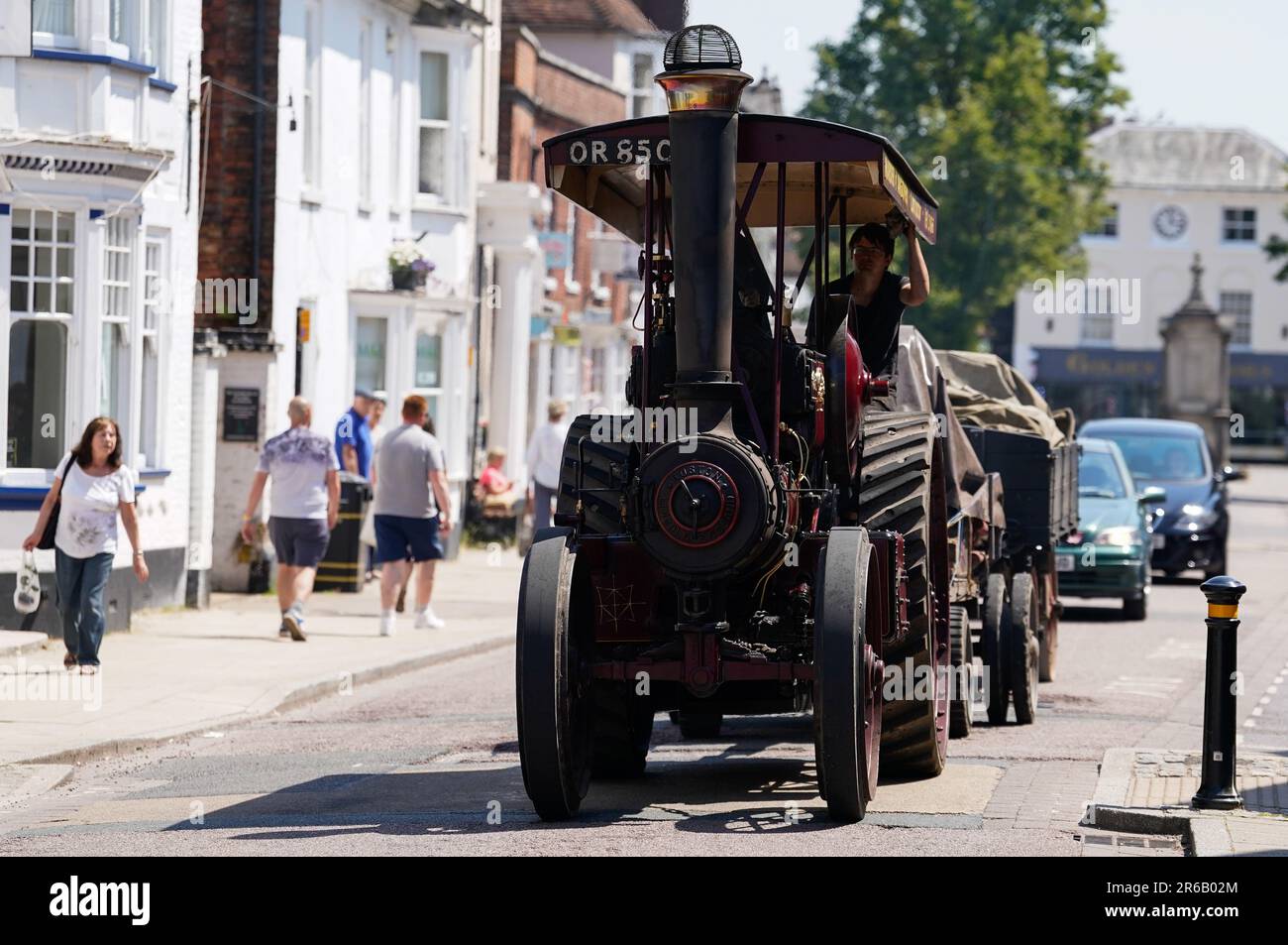 The Ruston Proctor Tractor 52453, 'The Lincoln Imp', is driven through Petersfield in Hampshire as it travels to the Mid Hants Railway, also known as the Watercress Line, to take part in their Vintage Vehicles weekend which runs from 9-11 June. Picture date: Thursday June 8, 2023. Stock Photo