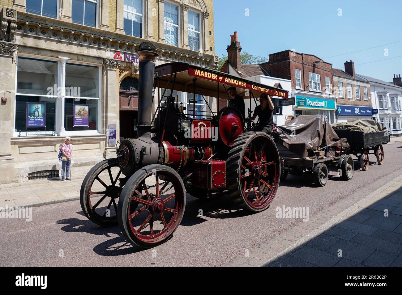 The Ruston Proctor Tractor 52453, 'The Lincoln Imp', is driven through Petersfield in Hampshire as it travels to the Mid Hants Railway, also known as the Watercress Line, to take part in their Vintage Vehicles weekend which runs from 9-11 June. Picture date: Thursday June 8, 2023. Stock Photo