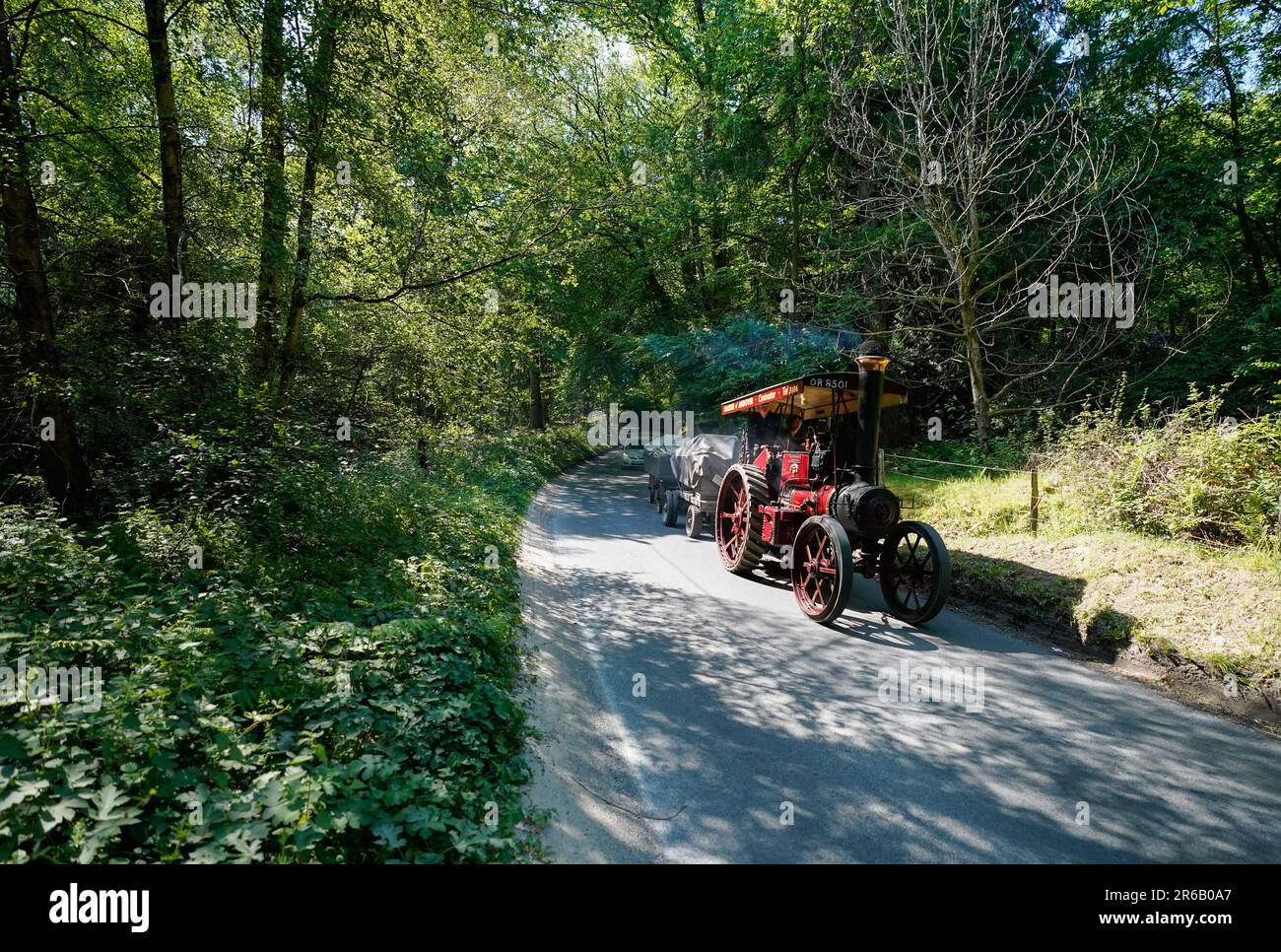 The Ruston Proctor Tractor 52453, 'The Lincoln Imp', is driven towards Liphook in Hampshire as it travels to the Mid Hants Railway, also known as the Watercress Line, to take part in their Vintage Vehicles weekend which runs from 9-11 June. Picture date: Thursday June 8, 2023. Stock Photo