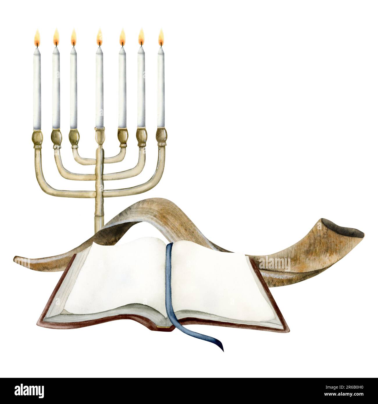 Yom Kippur greeting card template for Jewish New Year, Rosh Hashanah with Torah, menorah, shofar watercolor illustration Stock Photo