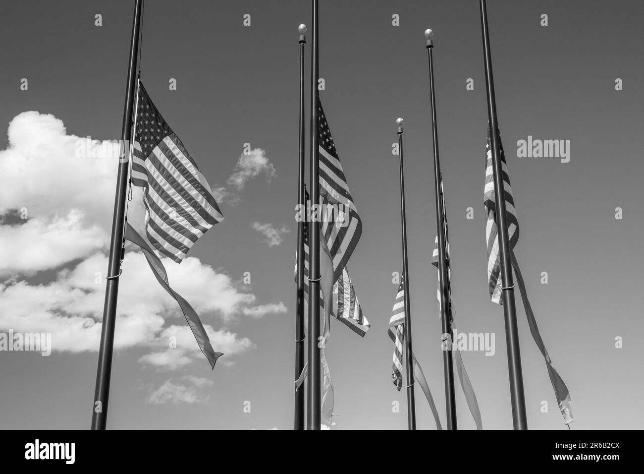 A high-resolution black and white image of four American flags fluttering in the wind against a cloudy sky Stock Photo