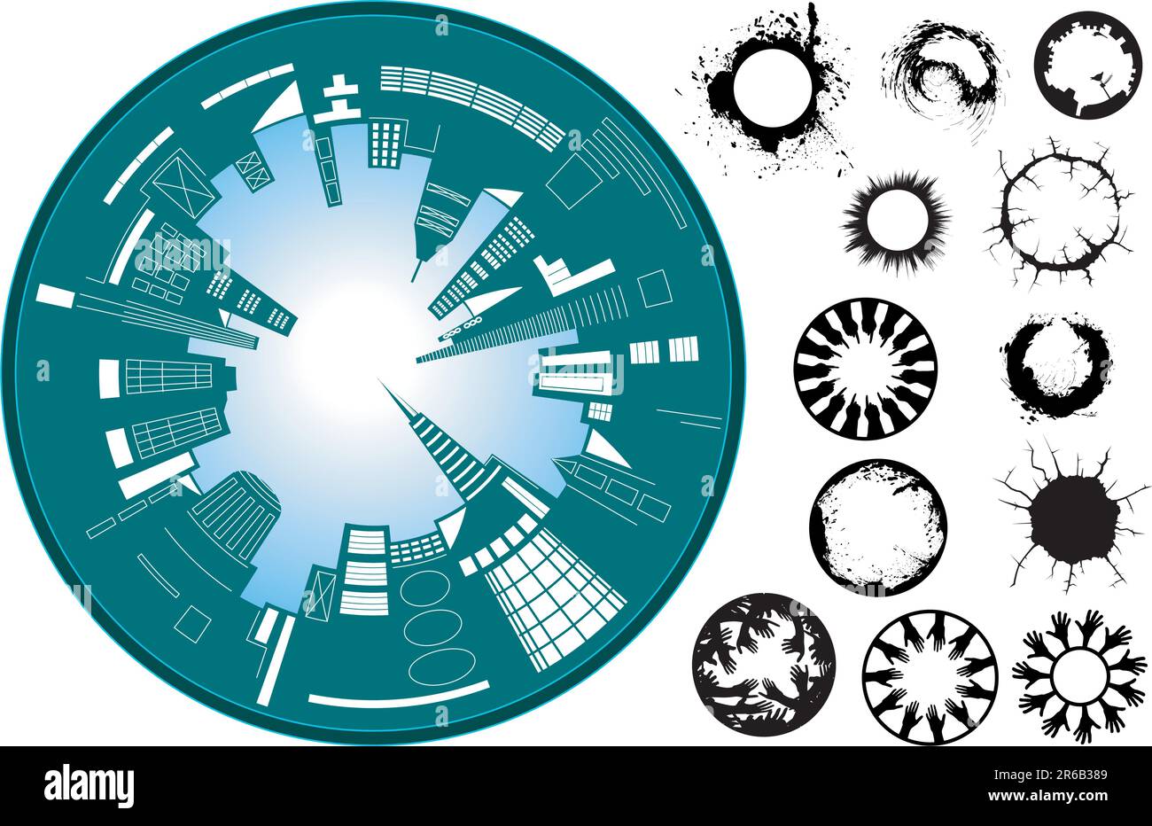 Abstract vector illustration of a fisheye lens city skyline with other