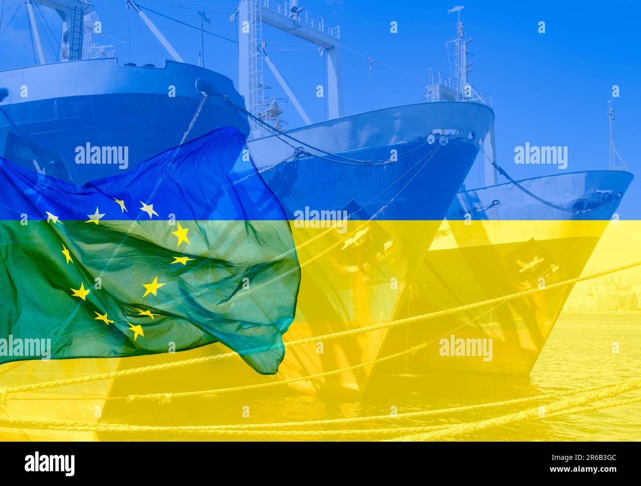 EU, European Union flag over grain ships Ukraine flag. Ukraine, Russia war, world food prices, wheat prices, EU ban...concept Stock Photo