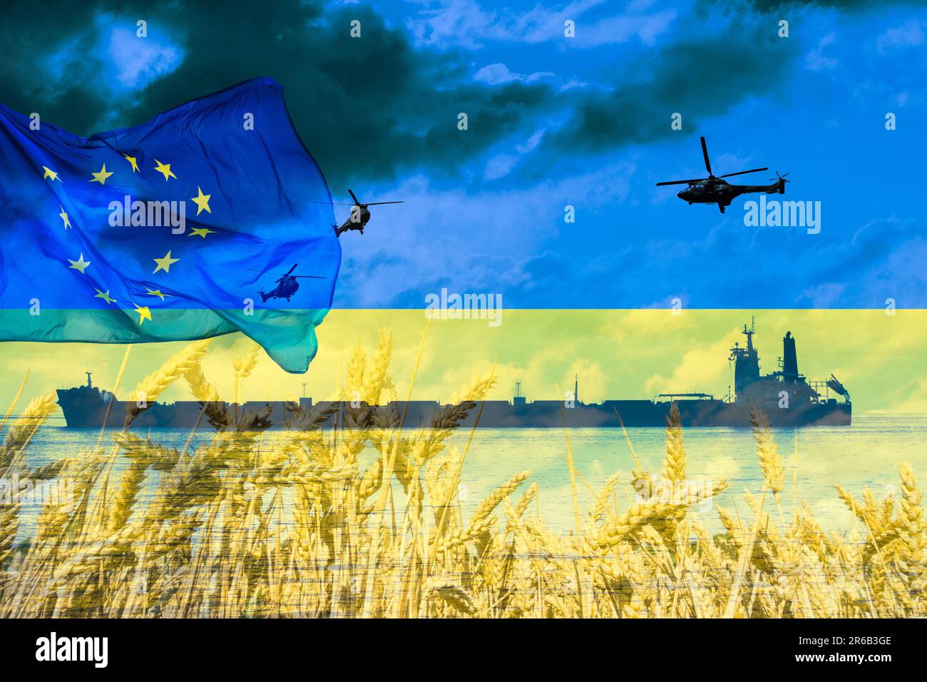 EU, European Union flag over grain ship Ukraine flag. Ukraine, Russia war, world food prices, wheat prices, EU ban...concept Stock Photo