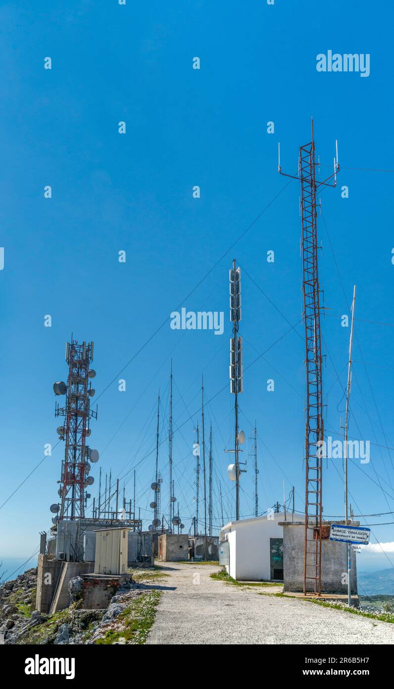 Telecommunications towers at summit of Mount Pantokrator, Corfu Island, Greece Stock Photo